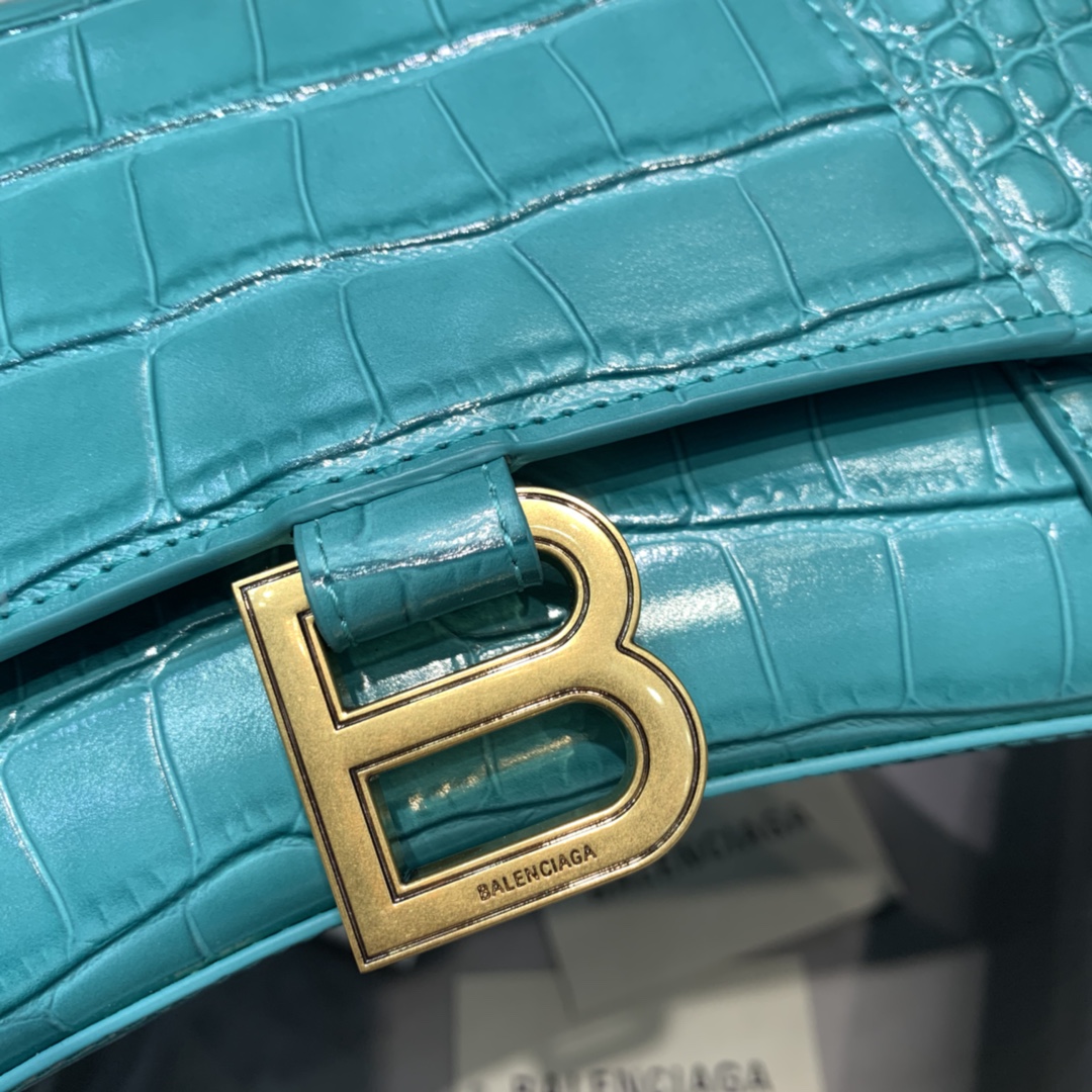 Balenciaga Hourglass Small Handbag Crocodile Embossed Shoulder Bag Green Blue